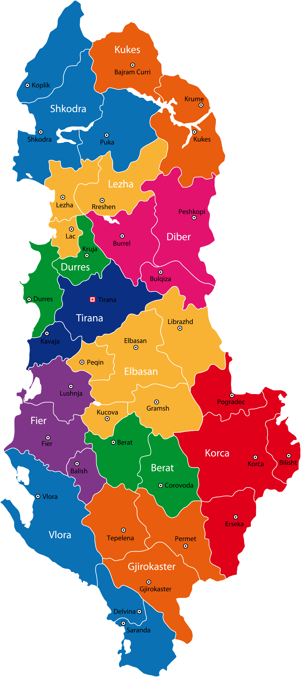Mapa de ciudades y distritos de Albania