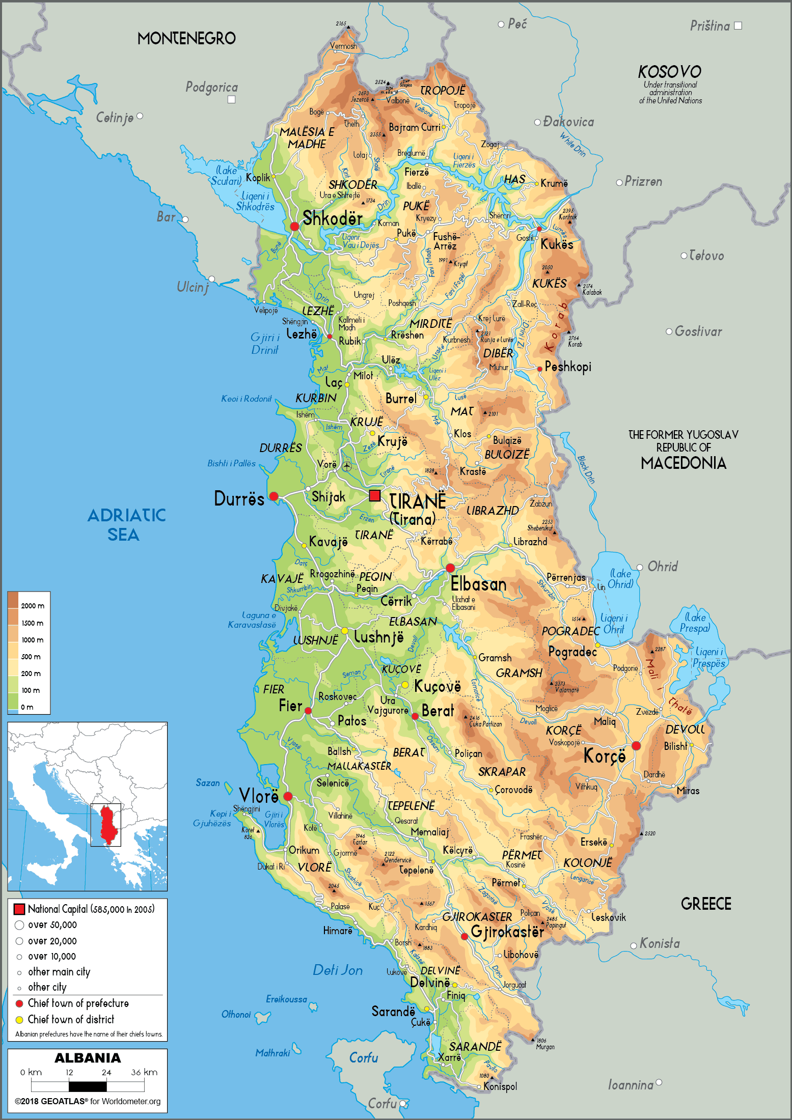 Mapa físico de Albania